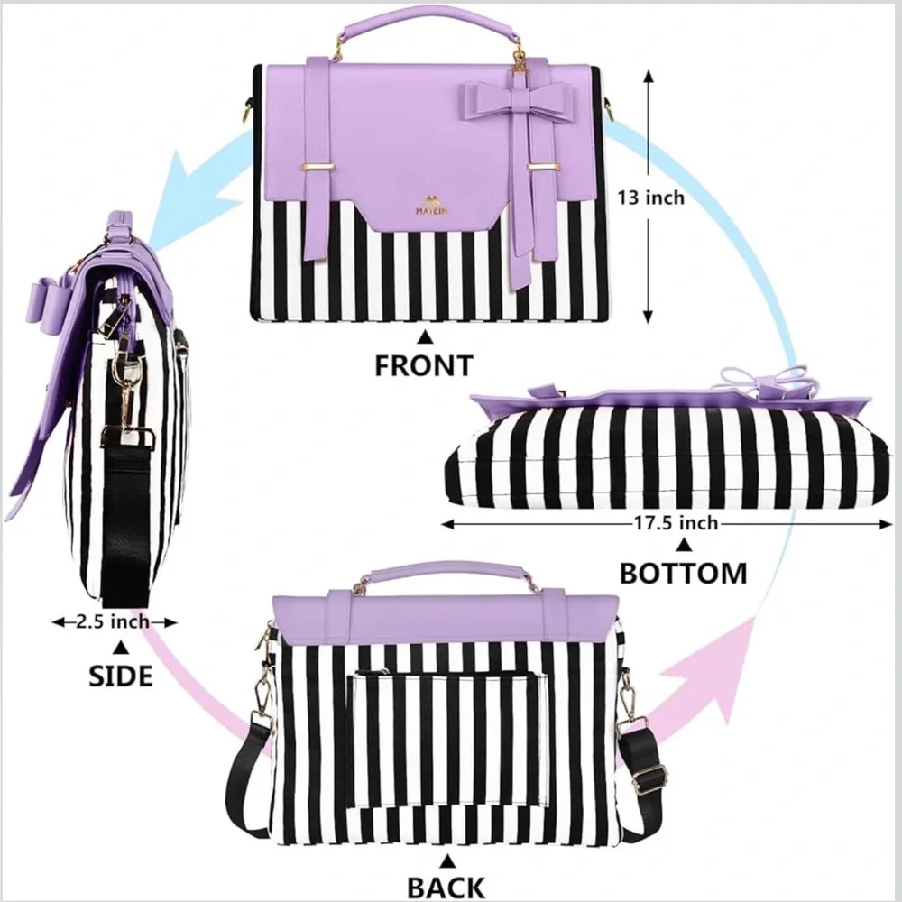 Matein Lavender Stripe Laptop Bag with Bow Accent